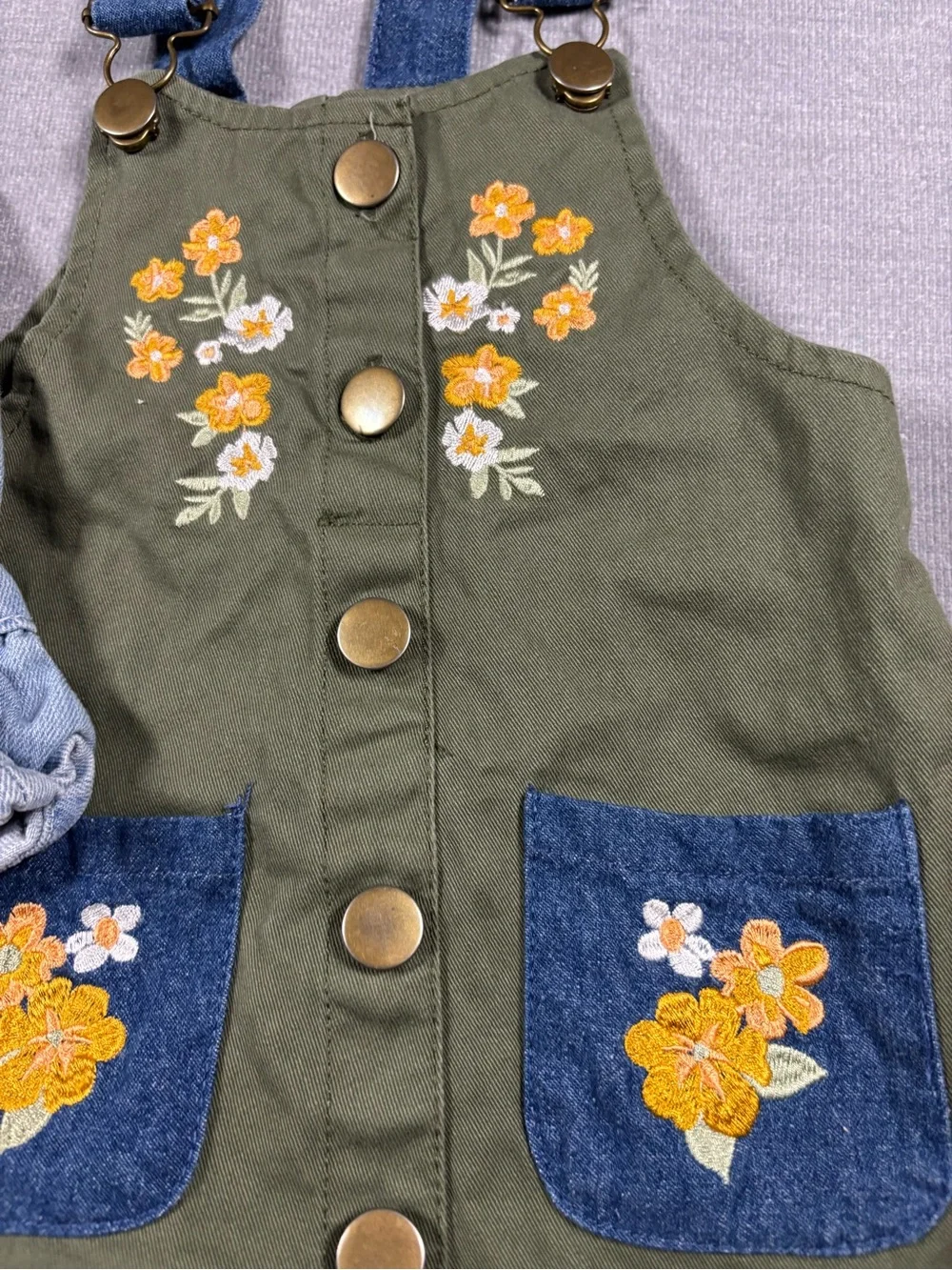 OshKosh B'gosh Two-Piece Girls Overalls Set - Light Blue Denim & Olive Green